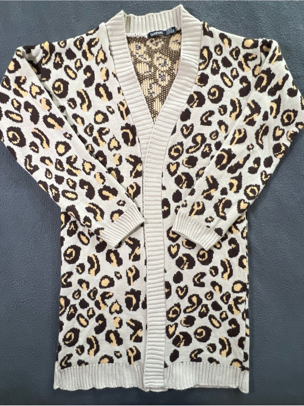 boohoo Leopard-Pattern Knit Cardigan in Cream, Brown & Gold